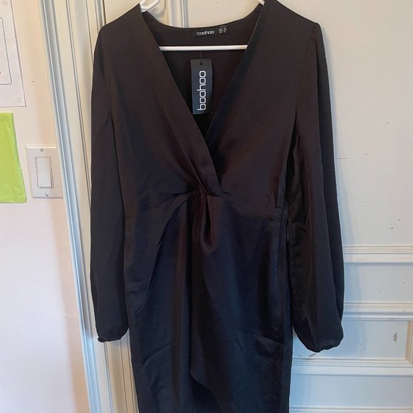 Satin Blouson Sleeve Wrap Shift Dress - Picture 2 of 2